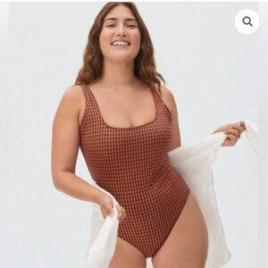 Everlane Square-Neck One Piece Swimsuit Gingham Honey